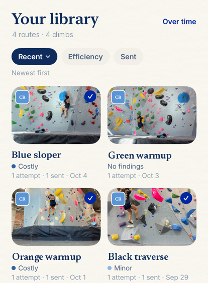 Your library in Trace: climbs grouped by route, with findings, attempts and sends